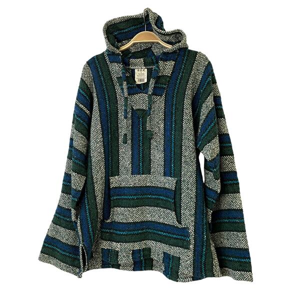 Vintage Tops - Vintage SDC Boho Baja Hoodie Jacket Unisex Men Women L Green Woven Striped